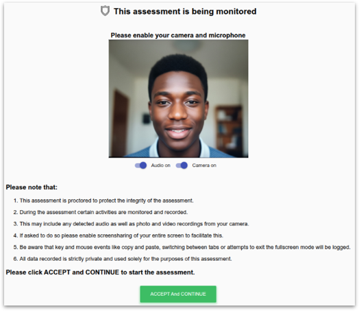 Proctoring dashboard showing live assessment monitoring and session status