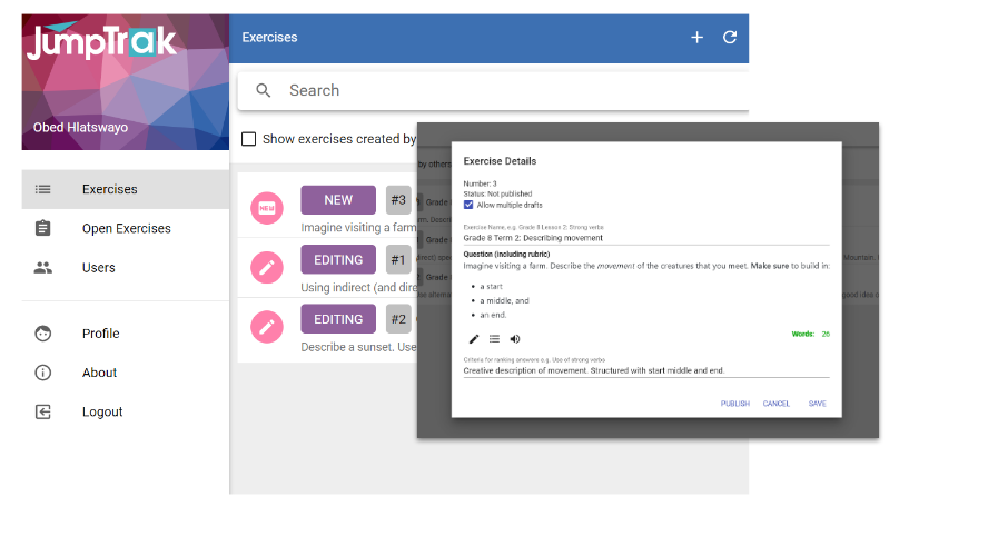 Exercise setup screen with teacher controls and exercise details